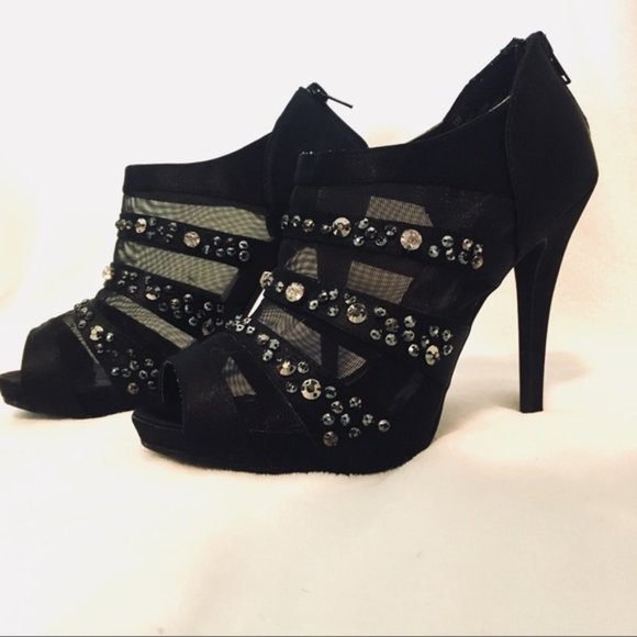 Jeweled and Mesh Black Peep Toe Bootie High Heel | New Years | Celebration 🍾 - Picture 3 of 7